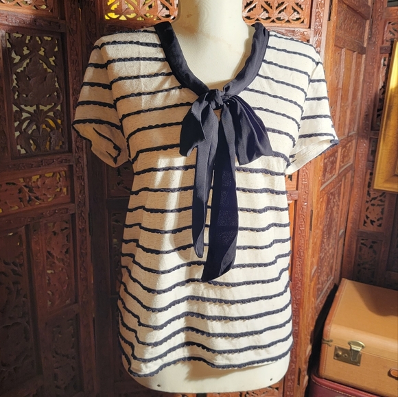 Set of 2 Size Medium Shirts, Black and White Stripes & Navy and White Polka Dots - Picture 2 of 10